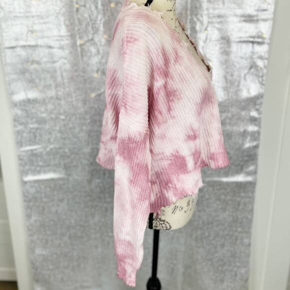 Fate Pink Tie Dye Distressed V-Neck Oversized Cropped Sweater Top Size Medium - Picture 5 of 8